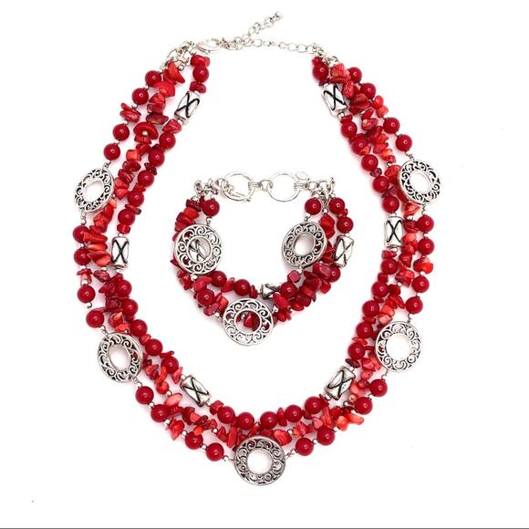 Necklace bracelet set red polished stones and silver color accents - Picture 1 of 7